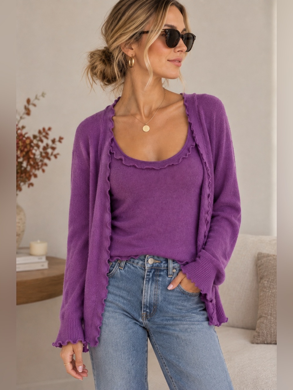 Pure Collection 100% Cashmere Purple Ruffle Trim Tank & Cardigan Set size 12